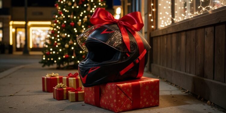 Capacete de moto com laço de presente ao lado de árvore de Natal