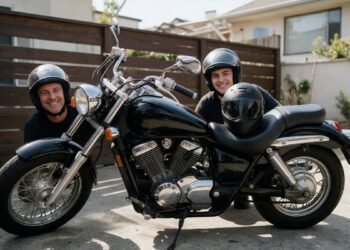 Pai e filho de capacete sorrindo ao lado de uma moto, presente de Dia dos Pais