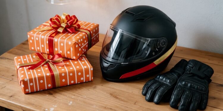 Presentes embrulhados ao lado de capacete e luvas de moto sobre uma mesa