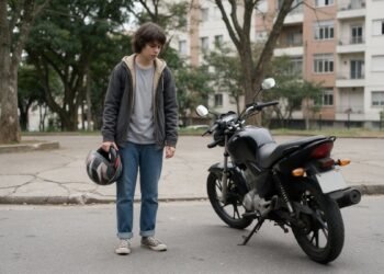 Iniciante com capacete na mão olhando a moto estacionada