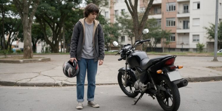 Iniciante com capacete na mão olhando a moto estacionada
