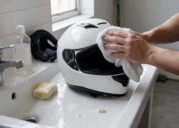 Capacete branco sendo limpo sobre a pia, produto para limpar capacete