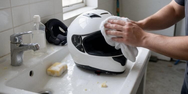 Capacete branco sendo limpo sobre a pia, produto para limpar capacete