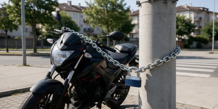 Moto presa com corrente e cadeado a um poste, ideia de proteção contra roubo e furto