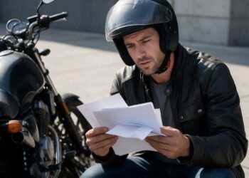 Motociclista conferindo documentos ao lado da moto, comparando proteção veicular e seguro de moto