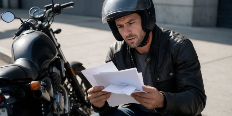 Motociclista conferindo documentos ao lado da moto, comparando proteção veicular e seguro de moto