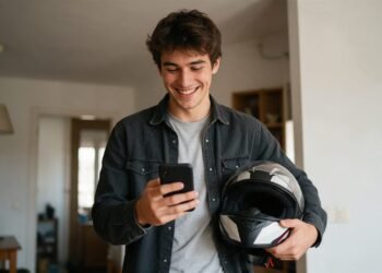 Jovem sorrindo ao ver no celular o resultado da assembleia, com capacete de moto na mão