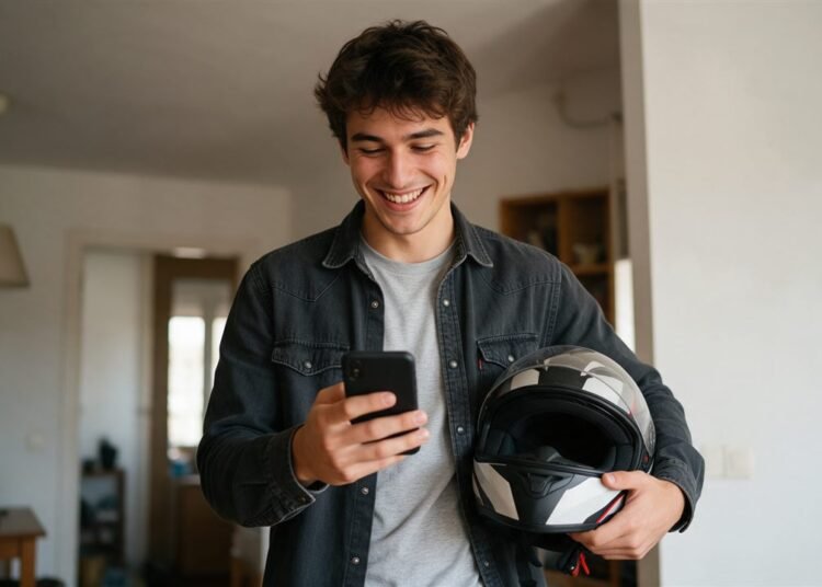 Jovem sorrindo ao ver no celular o resultado da assembleia, com capacete de moto na mão
