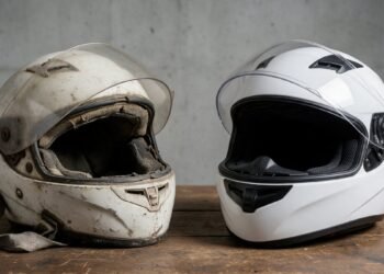 Capacete gasto ao lado de capacete novo, quando trocar o capacete de moto