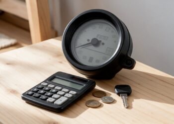 Calculadora, moedas e chave de moto sobre a mesa, representando o custo do seguro de moto