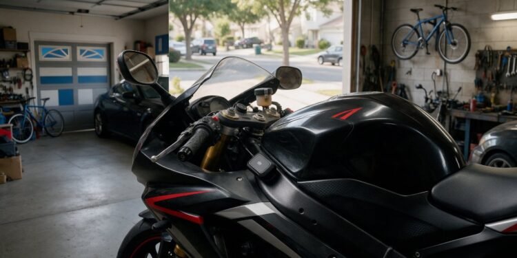 Detalhe de moto esportiva com rastreador, rastreador aceito pela seguradora