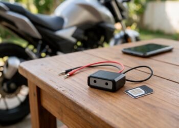 Rastreador com fios, chip e celular sobre mesa, rastreador Bluetooth e GPS para moto