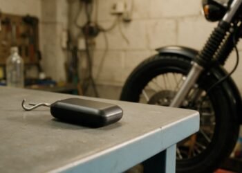 Rastreador compacto em oficina com moto ao fundo, rastreador com bloqueio para moto