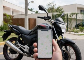 Moto estacionada e mão segurando celular com mapa de localização