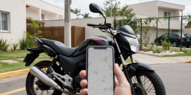 Moto estacionada e mão segurando celular com mapa de localização