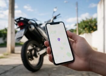 Mão segurando celular com mapa de localização, rastreador de moto em tempo real