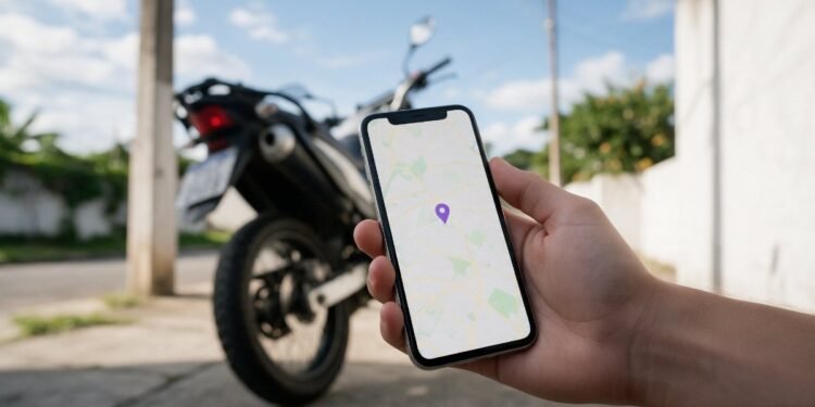 Mão segurando celular com mapa de localização, rastreador de moto em tempo real
