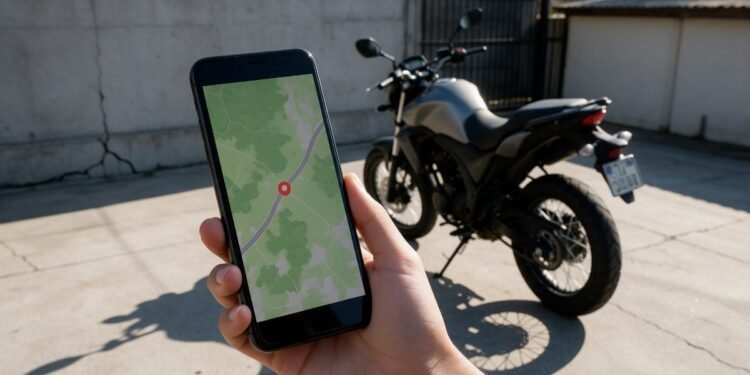 Mão segurando celular com mapa e moto ao fundo, rastreador de moto pelo celular