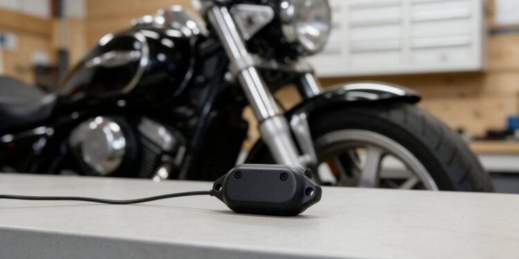 Rastreador GPS com fio ao lado de uma moto, rastreador GPS para moto