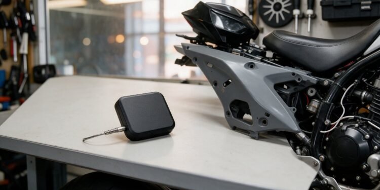 Rastreador sobre mesa com moto desmontada ao fundo, rastreador à prova d'água