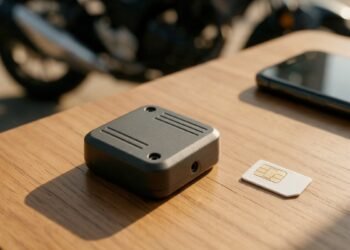 Rastreador, chip e celular sobre mesa de madeira, rastreador para moto sem mensalidade