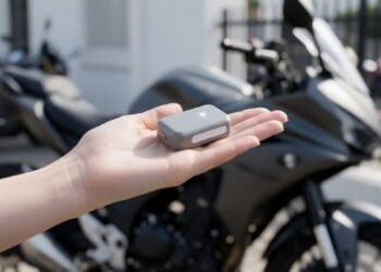Mini rastreador na mão com moto ao fundo, rastreador portátil para moto
