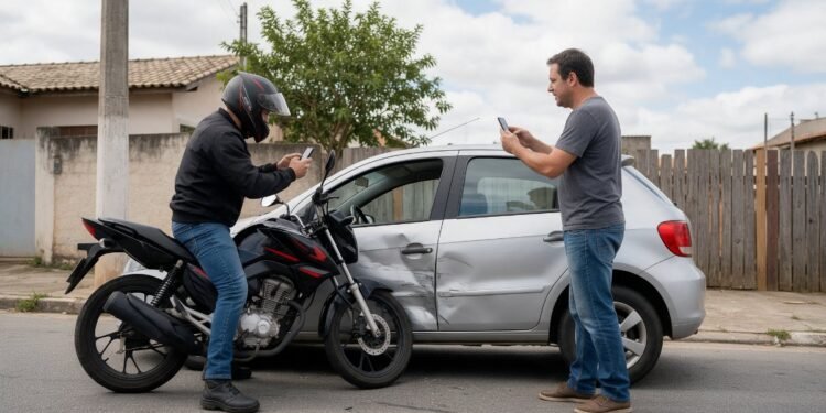 Motociclista e motorista conversando após batida, RCF cobre passageiro e terceiros