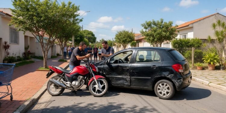 Motociclista e motorista após colisão leve, RCF danos materiais e corporais