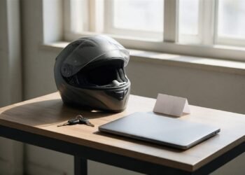 Mesa com capacete de moto, chaves, notebook e um papel dobrado, tema recurso de multa