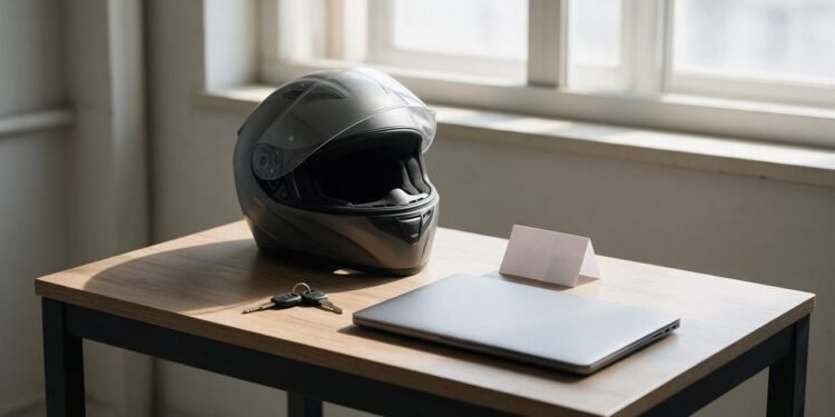 Mesa com capacete de moto, chaves, notebook e um papel dobrado, tema recurso de multa