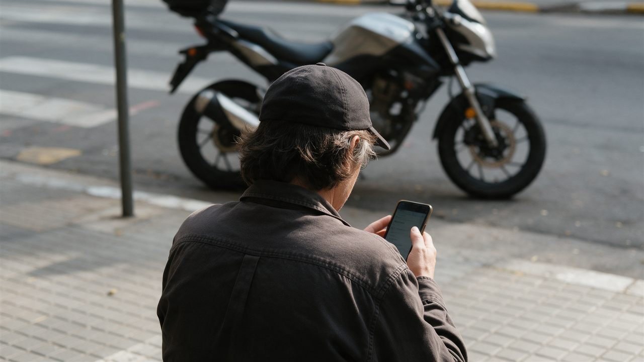 Pessoa de costas consultando o celular ao lado de uma moto estacionada
