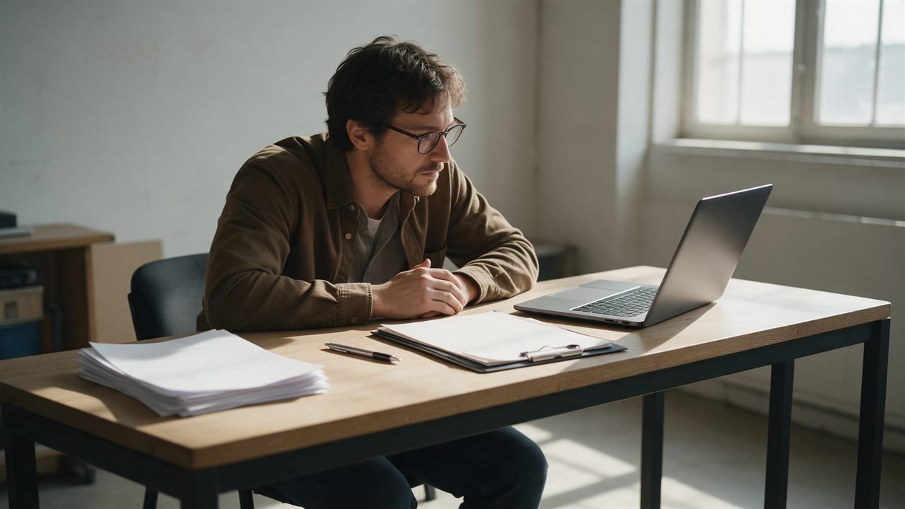 Mesa de trabalho com papéis, caneta e laptop para montar o recurso de multa