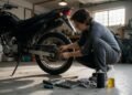 Pessoa agachada fazendo a revisão básica da corrente da moto na garagem
