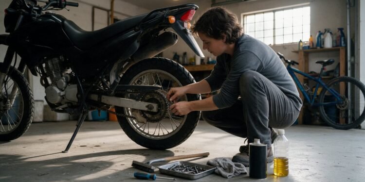 Pessoa agachada fazendo a revisão básica da corrente da moto na garagem