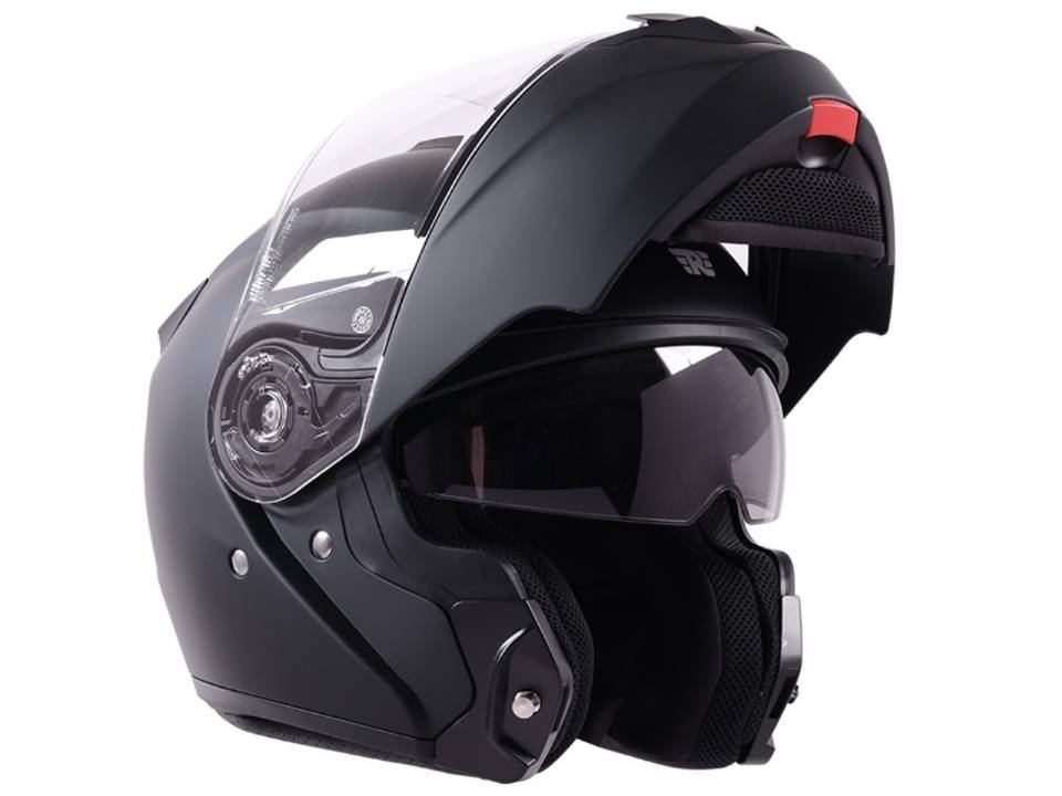 Capacete modular Royal Enfield Mod X preto fosco com a queixeira levantada