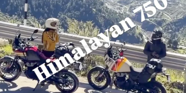 Duas Royal Enfield Himalayan 750 sem camuflagem, uma vermelha e outra branca com grafismos, paradas à beira de estrada de montanha