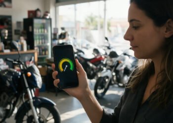 Mulher olha no celular o medidor de score para financiar moto, em uma loja de motos