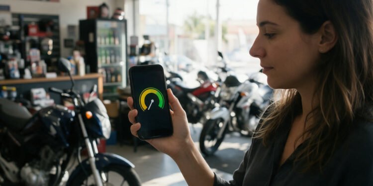 Mulher olha no celular o medidor de score para financiar moto, em uma loja de motos