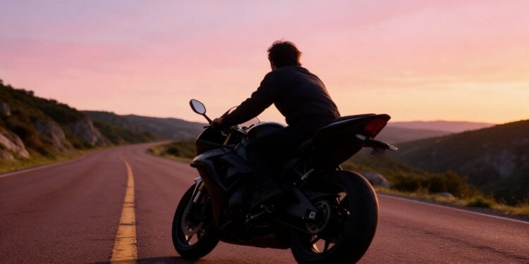 Motociclista em estrada ao pôr do sol, representando a tranquilidade de ter seguro de moto