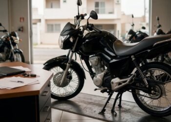 Moto nova com chave e documentos sobre a mesa de uma concessionária, representando seguro de moto financiada