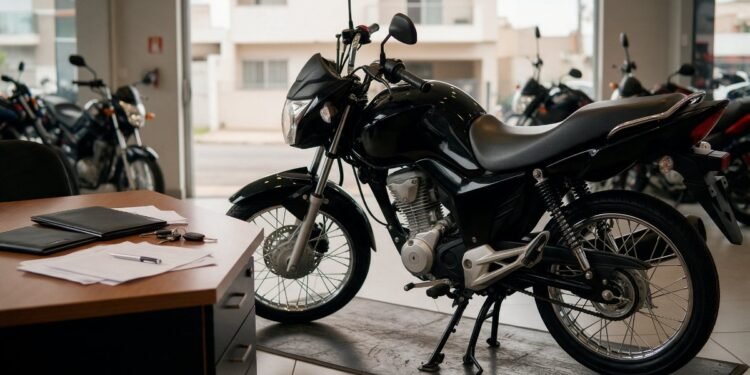 Moto nova com chave e documentos sobre a mesa de uma concessionária, representando seguro de moto financiada