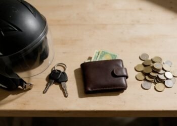 Capacete, chaves, carteira e moedas sobre a mesa, representando como pagar menos no seguro de moto