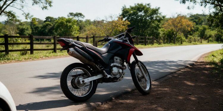 Moto trail de média cilindrada na beira de uma estrada, seguro de moto Mapfre