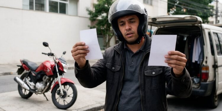 Motociclista comparando duas propostas em papel ao lado da moto