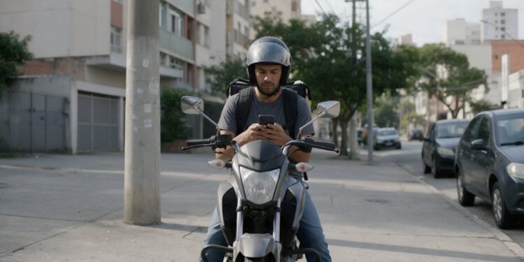 Motorista de aplicativo em cima da moto olhando o celular, representando seguro de moto para aplicativo