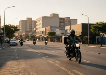 Entregador de moto com baú circulando em avenida da cidade, seguro de moto para entregador