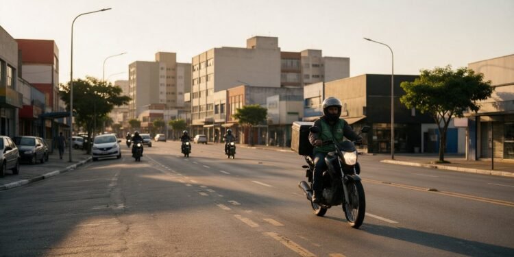 Entregador de moto com baú circulando em avenida da cidade, seguro de moto para entregador