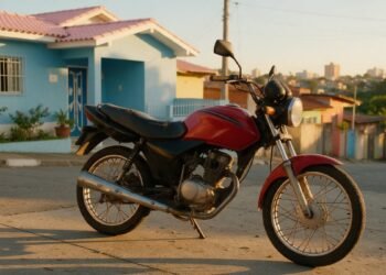 Moto popular estacionada em frente a uma casa de bairro, representando seguro de moto popular