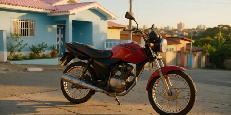 Moto popular estacionada em frente a uma casa de bairro, representando seguro de moto popular