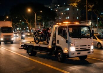 Guincho transportando uma moto à noite, assistência 24 horas do seguro de moto Porto Seguro